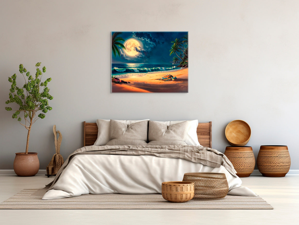Mooning - Sea Turtle on Moonlit Beach - Tropical Coastal Wall Art image 1