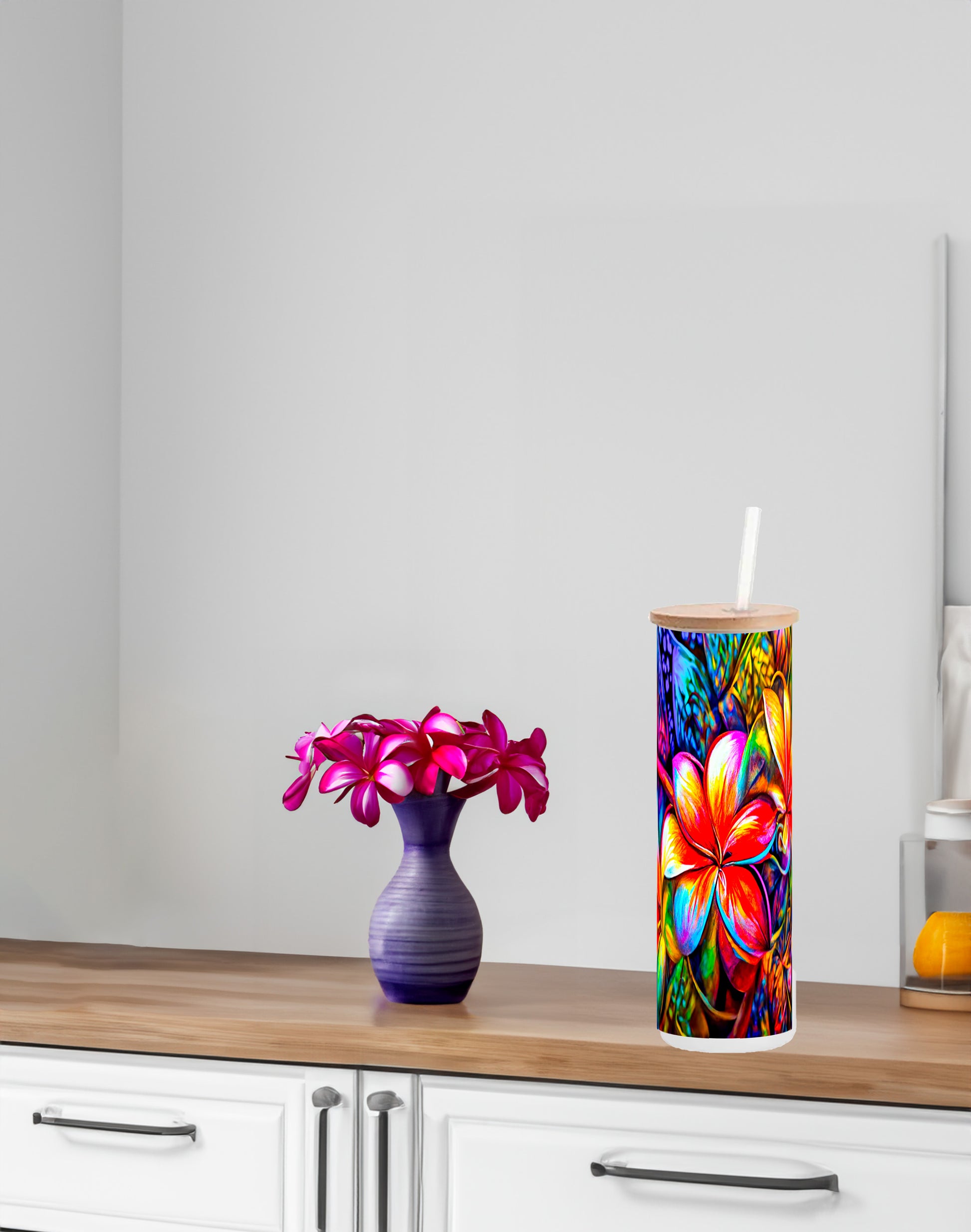 Red Plumeria-Designed in a  20 oz Frosted Glass Skinny Tumbler Bottle with Bambo image 0