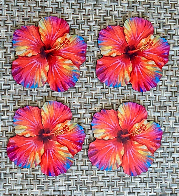 Hibiscus Flower Shaped Coasters 4 Tropical Drink Coasters, Made in USA