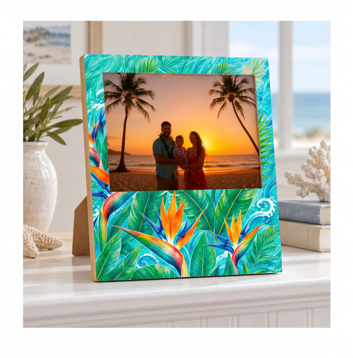 Bird of paradise bamboo photo frame holding a 5x7 family beach photo — lifestyle view | Beach Hut Decor