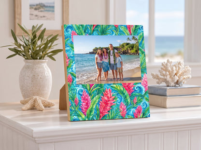 Pink ginger bamboo photo frame holding a 5x7 family beach photo — lifestyle view | Beach Hut Decor