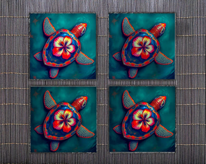 Hibiscus Turtle Coaster - Stunning coaster featuring a vibrant turtle