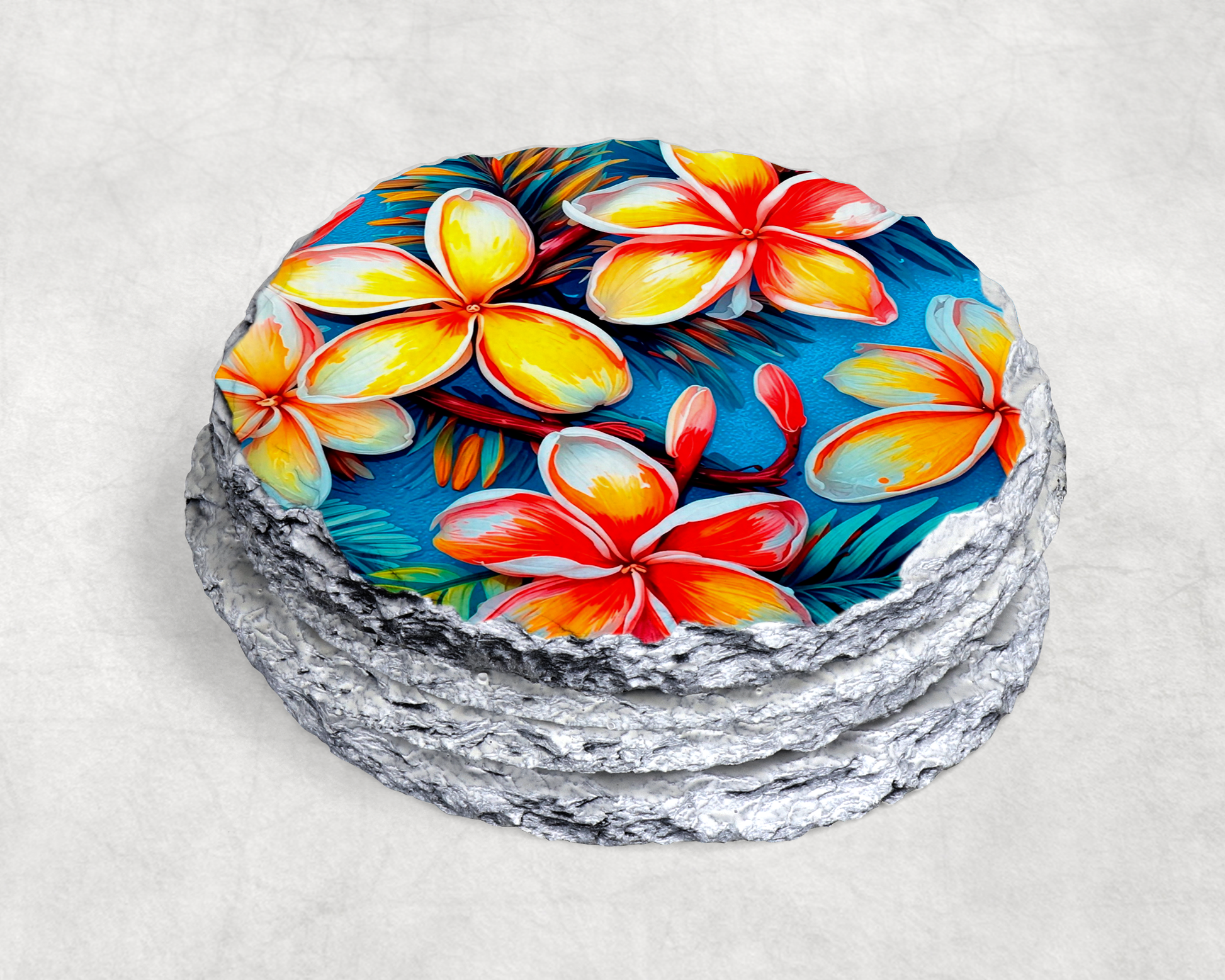 Round Rock Slate Plumeria Coasters – 4” Set of 4 Tropical Stone Drink Coasters image 1