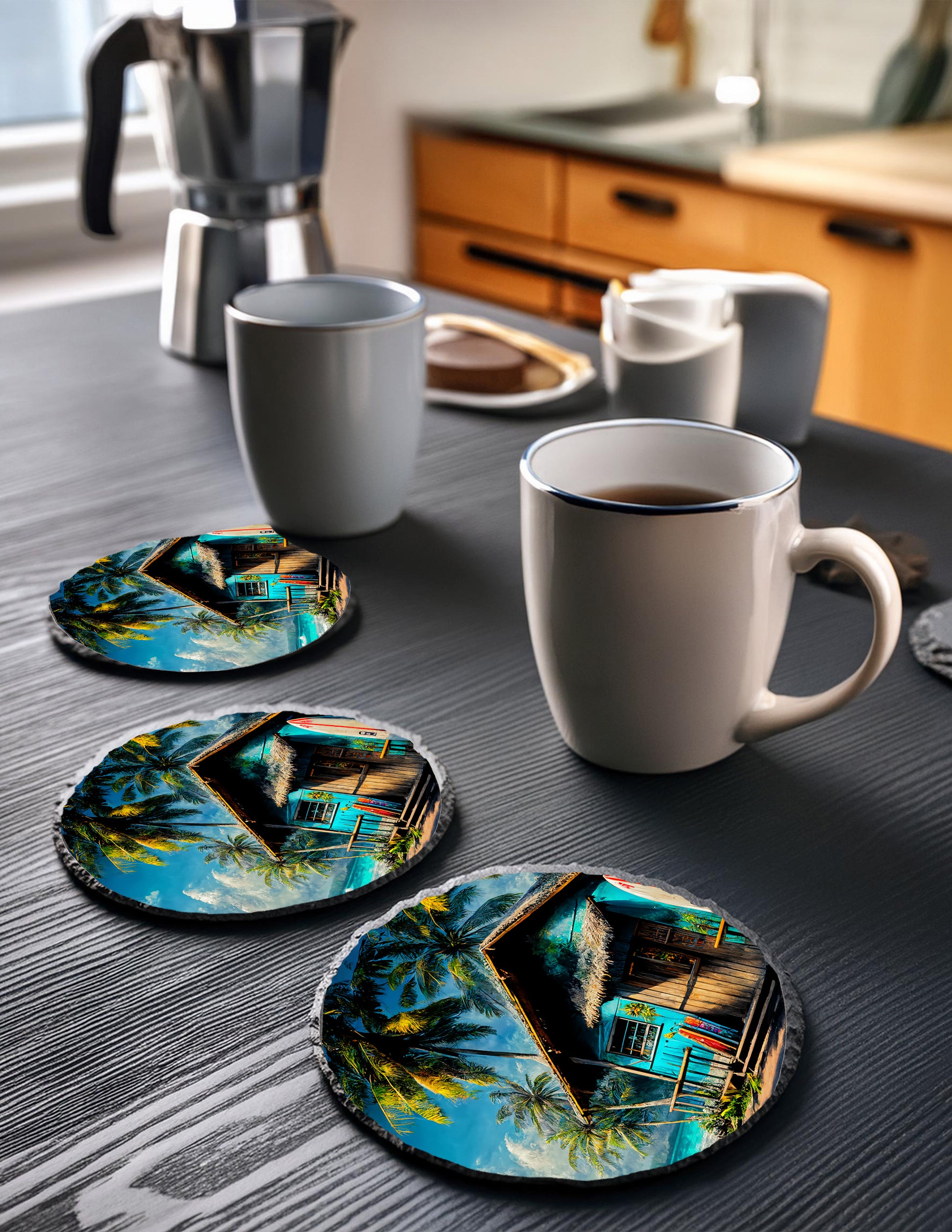 Tropical Beach Hut Slate Rock Coasters – Set of 4 image 1