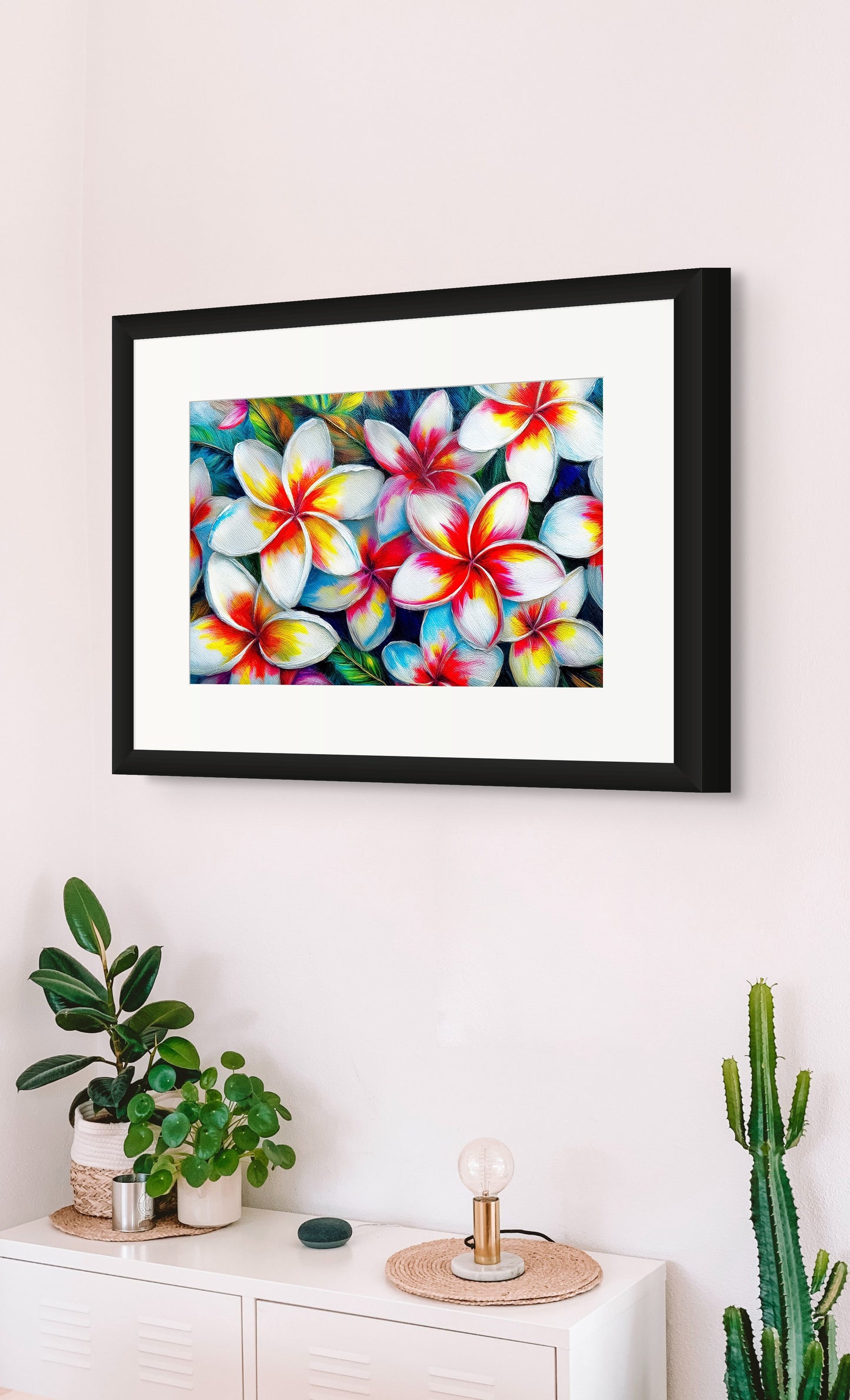 Plumeria Bliss Tropical Floral Wall Art – Vibrant Plumeria Flower Coastal Decor — detail close-up | Beach Hut Decor