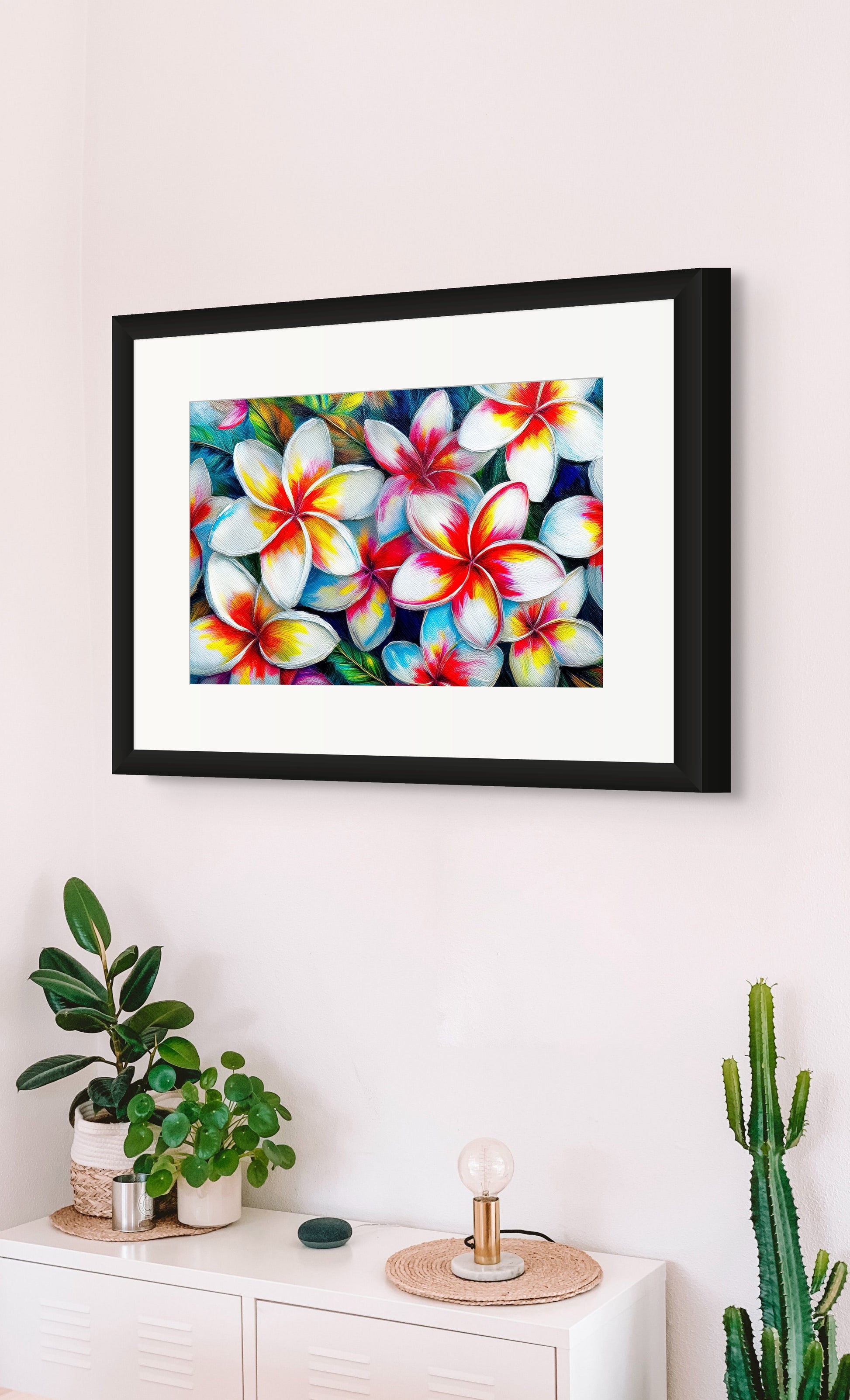 Plumeria Bliss Tropical Floral Wall Art – Vibrant Plumeria Flower Coastal Decor — detail close-up | Beach Hut Decor