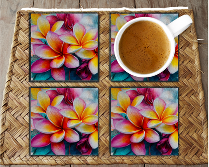Plumeria Rock Slate Coaster Set – Tropical Floral HD Printed Natural Stone Coasters for Coastal Home Decor | Round or Square