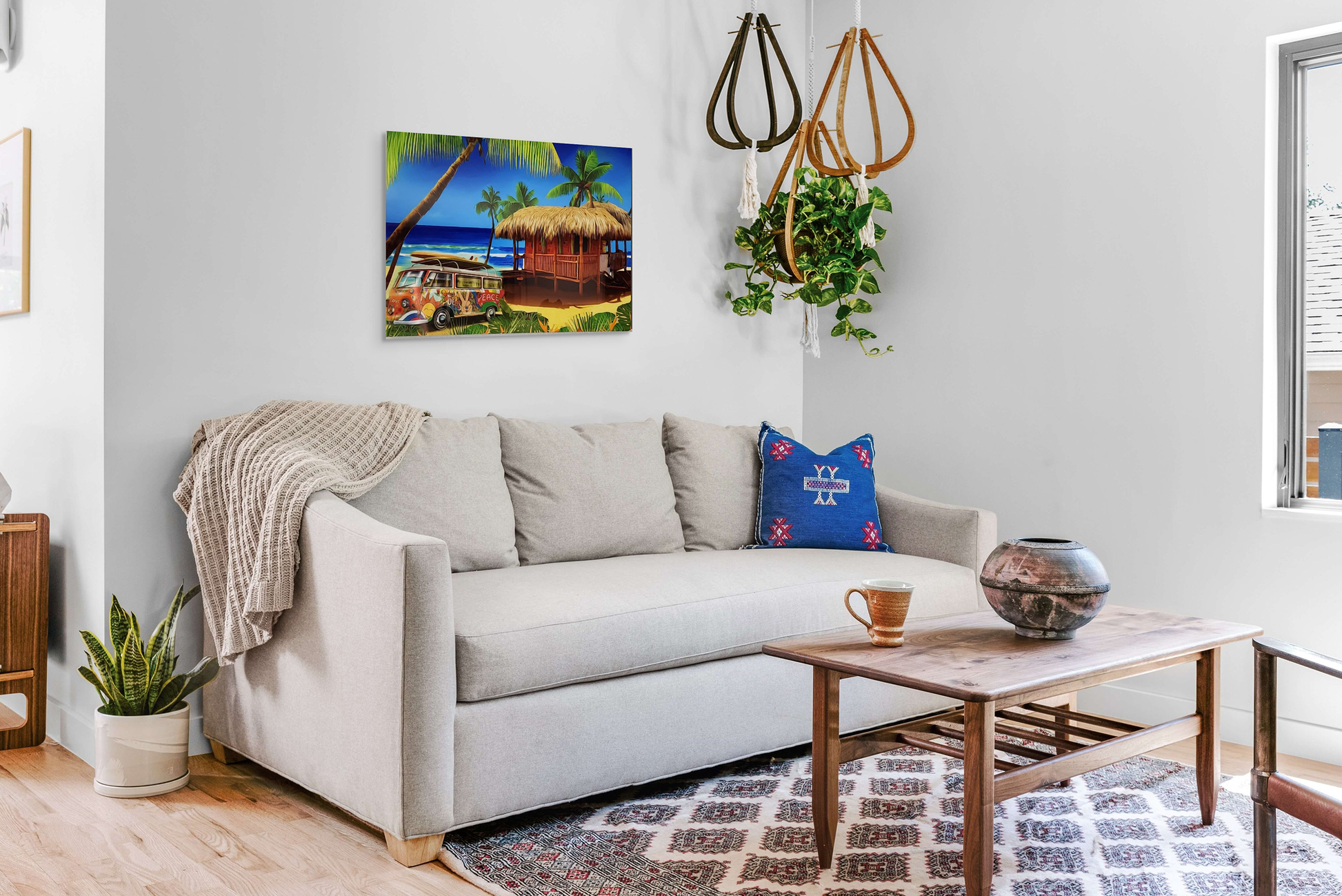 Peace & Love Shack Metal Wall Art – Retro VW Bus Beach Scene — lifestyle styled view | Beach Hut Decor