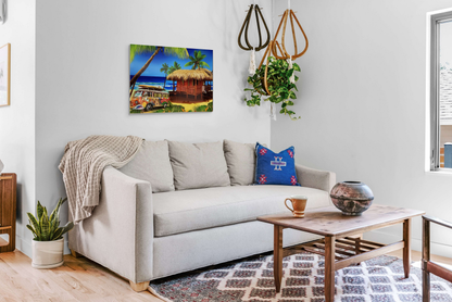 Peace & Love Shack Metal Wall Art – Retro VW Bus Beach Scene — lifestyle styled view | Beach Hut Decor