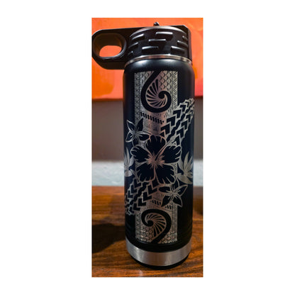 Black Tribal Hibiscus 20 oz Insulated Water Bottle