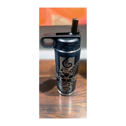 Black Tribal Hibiscus 20 oz Insulated Water Bottle
