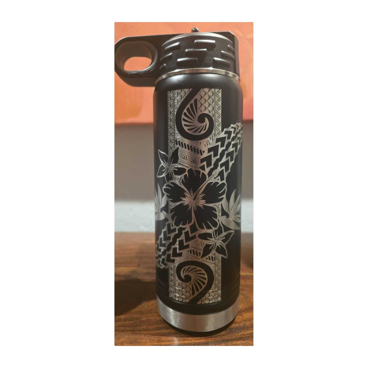 Black Tribal Hibiscus 20 oz Insulated Water Bottle