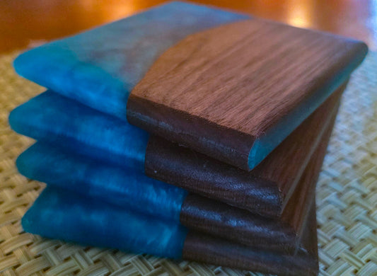 Handmade walnut and blue epoxy resin square coaster set of four
