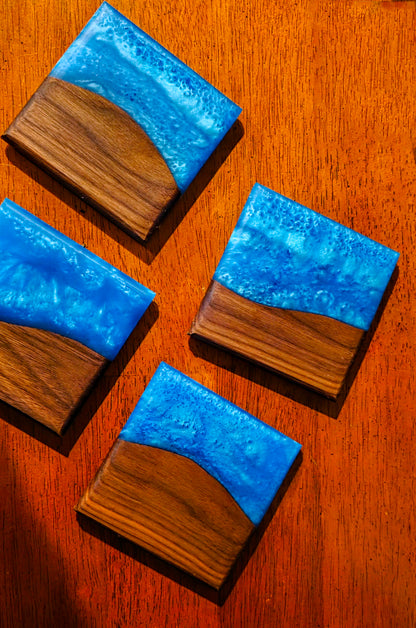 Handmade Walnut & Ocean Blue Epoxy Coaster Set – 4″ Square (Set of 4)