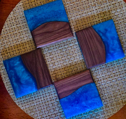 Handmade Walnut & Ocean Blue Epoxy Coaster Set – 4″ Square (Set of 4)
