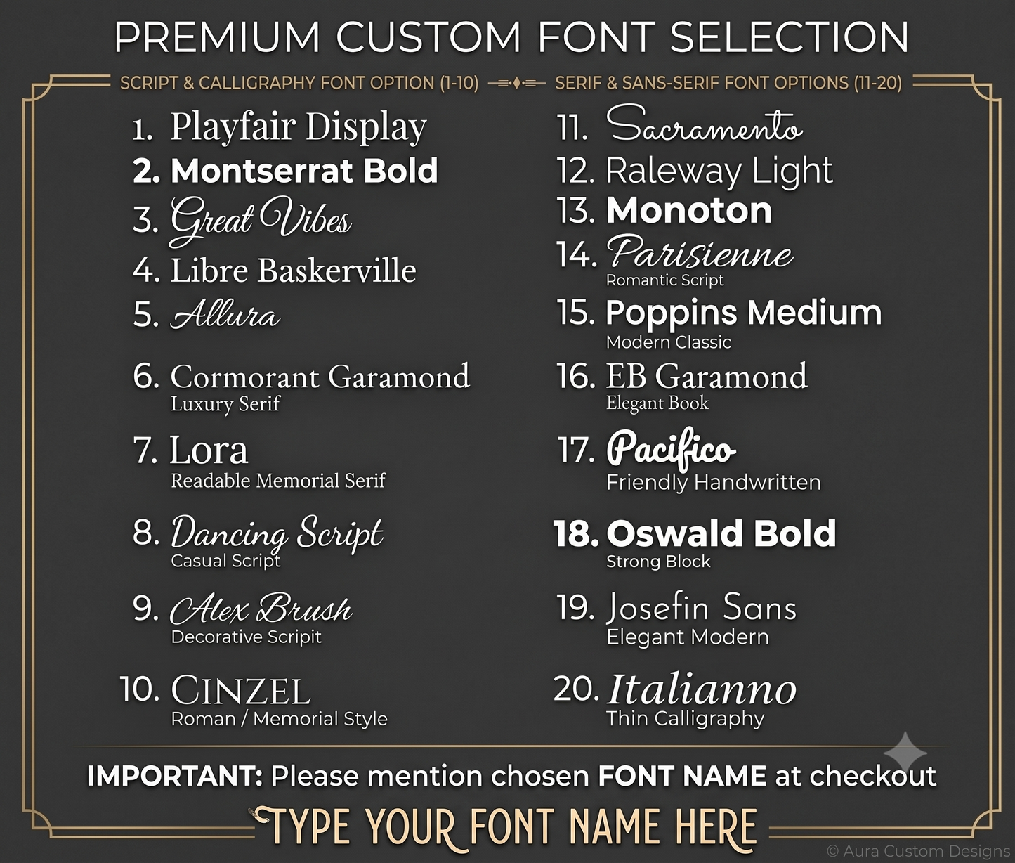Font selection chart showing 20 typography options for personalized boat portrait names