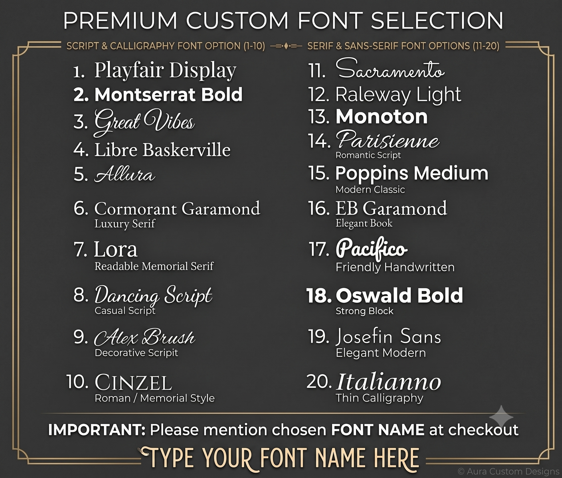 Font selection chart showing 20 typography options for personalized boat portrait names