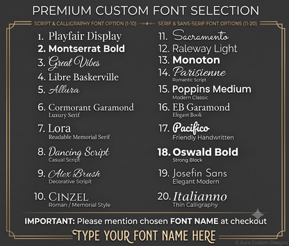 Font selection chart showing 20 typography options for personalized boat portrait names