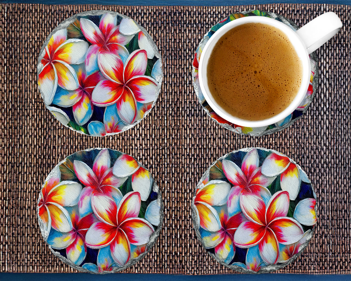 Tropical Plumeria Coasters - Vibrant floral coasters available in round or squar image 0