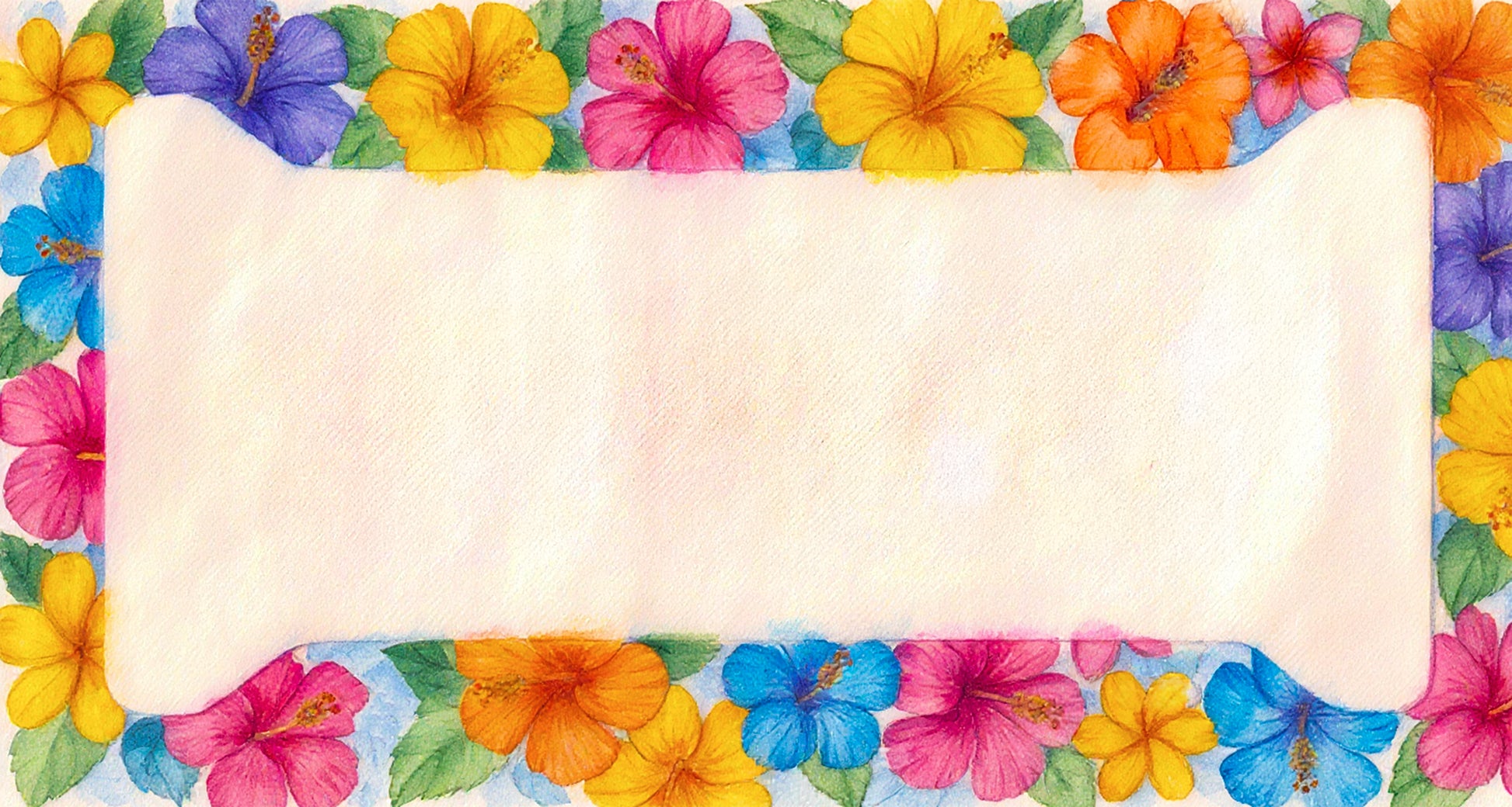 Full-width watercolor hibiscus license plate frame with pink, yellow, orange, blue and purple tropical flowers.