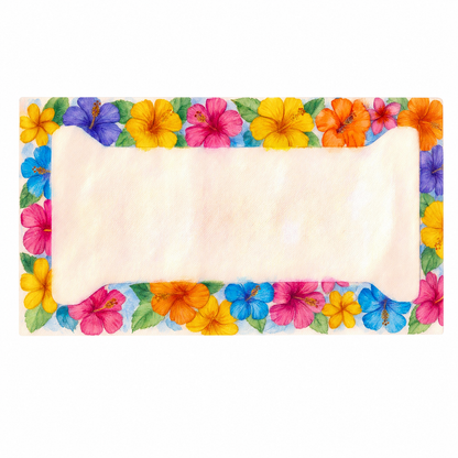 Colorful watercolor hibiscus license plate frame centered on a white square background with the full frame visible.