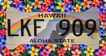 Colorful plumeria license plate frame shown installed around a Hawaii Aloha State license plate