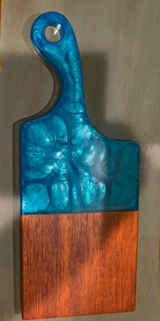 Mahogany & Teal Epoxy Cutting Board – Handcrafted Coastal Kitchen & Charcuterie Serving Board | 17.5″ x 7″