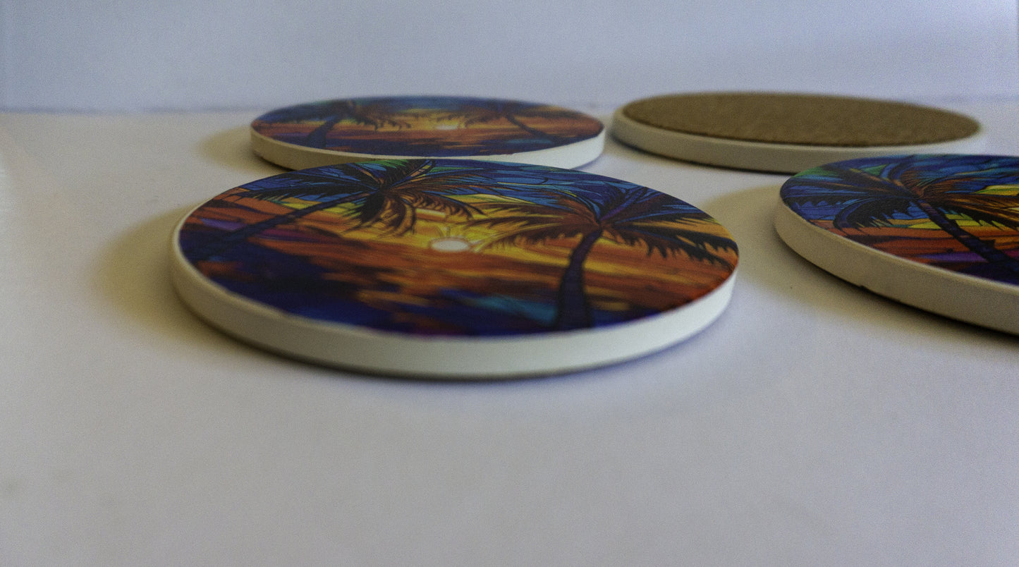 4-Inch Sandstone Coaster with Cork Backing Palm Tree Artwork image 2