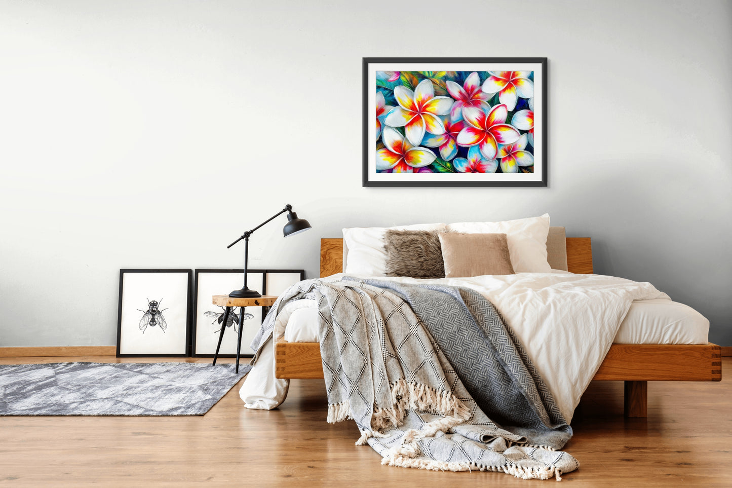 Plumeria Bliss Tropical Floral Wall Art – Vibrant Plumeria Flower Coastal Decor — lifestyle styled view | Beach Hut Decor
