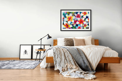 Plumeria Bliss Tropical Floral Wall Art – Vibrant Plumeria Flower Coastal Decor — lifestyle styled view | Beach Hut Decor