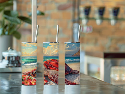 Sea Turtle 20 oz Skinny Tumbler - Vibrant beach-inspired tumbler featuring a sea image 1