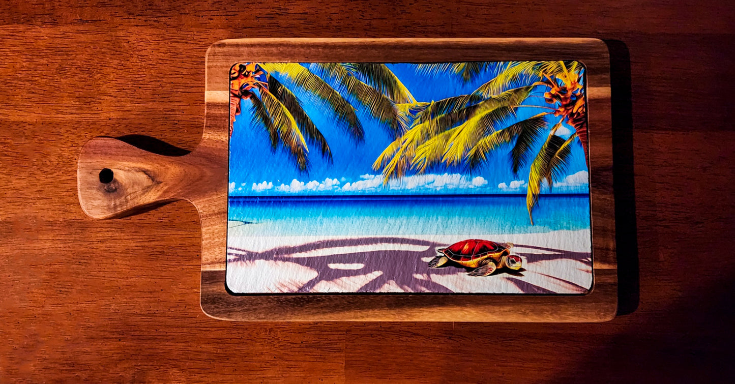 Resting on the Beach Sea Turtle Slate Cutting Board made with Acacia Wood image 1