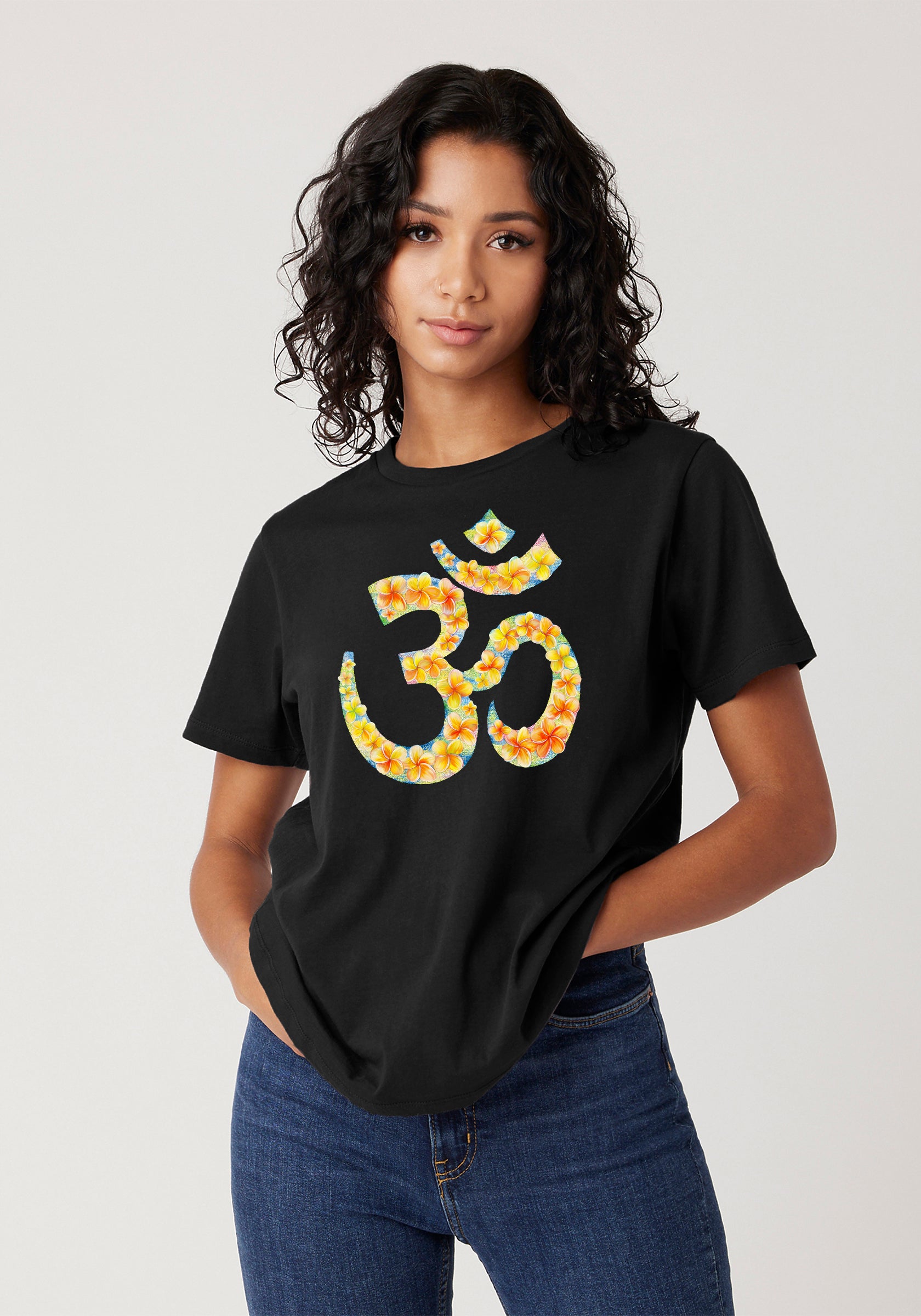 OM Symbol Floral T-Shirt - Vibrant Plumeria Design, Sizes XS-2XL image 0