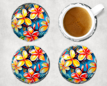 Round Rock Slate Plumeria Coasters – 4” Set of 4 Tropical Stone Drink Coasters image 0