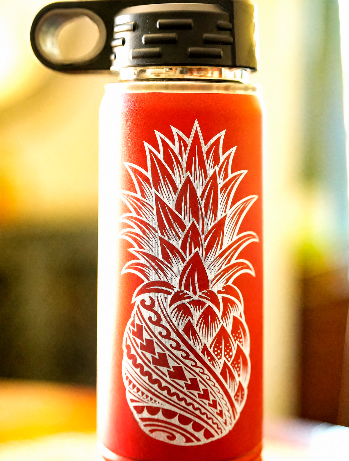 Engraved Tribal Pineapple Water Bottle, Red 20 oz Insulated