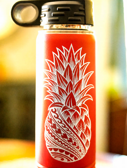 Engraved Tribal Pineapple Water Bottle, Red 20 oz Insulated