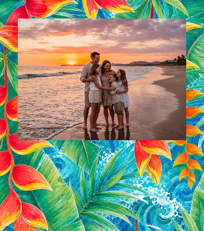 Heliconia Lagoon bamboo photo frame with a sample photo; photo not included.
