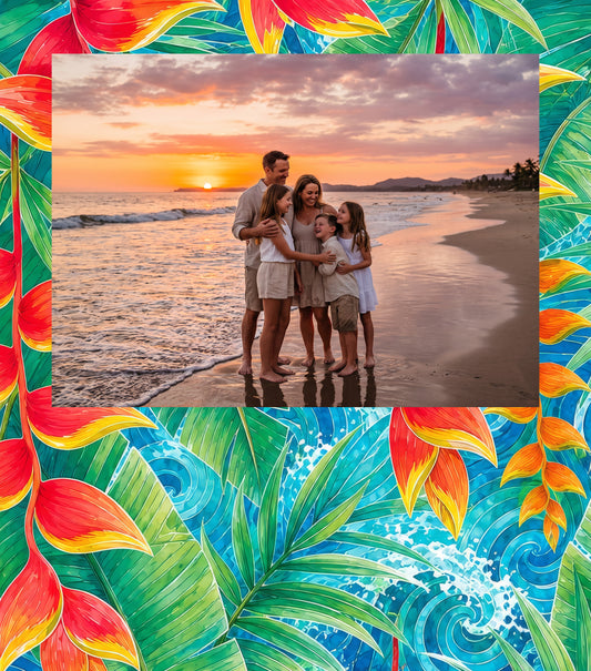 Heliconia Lagoon bamboo photo frame with a sample photo; photo not included.