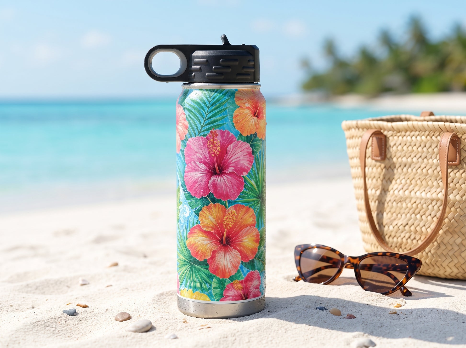 Tropical hibiscus water bottle standing on a sandy beach beside sunglasses and a woven tote.