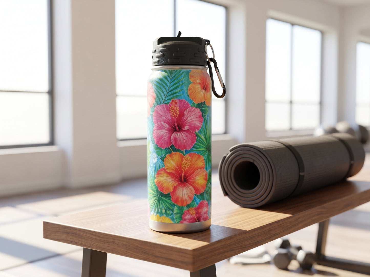Tropical hibiscus water bottle on a table beside a rolled exercise mat in a bright fitness room.
