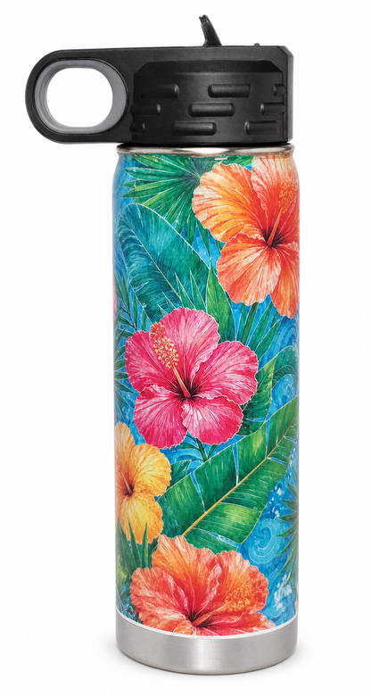 Tropical hibiscus 20 oz insulated stainless steel water bottle with black flip-top lid on a white background.