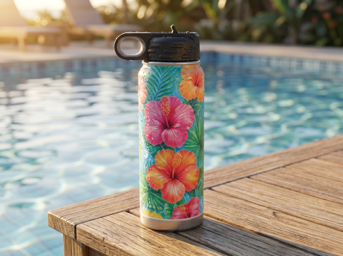 Tropical hibiscus water bottle standing on a wooden table beside a swimming pool.