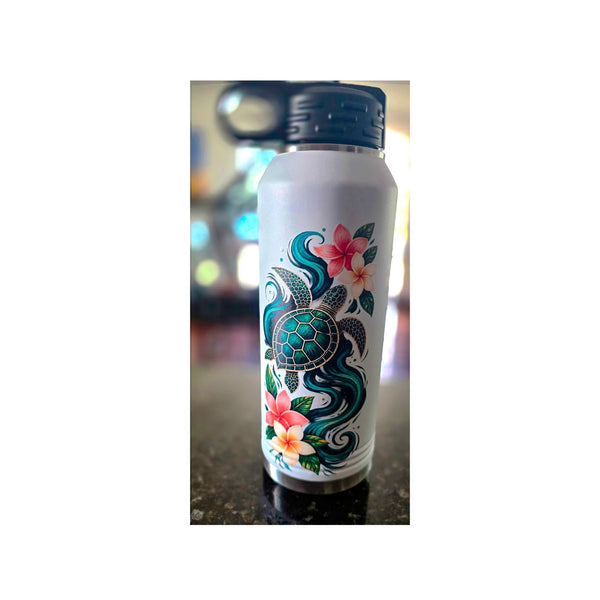 Water Bottle Sea Turtle - Hawaiian Insulated Flask 32 oz - Beach Gift for Her - Honu Plumeria Drinkware - Tropical Travel Tumbler
