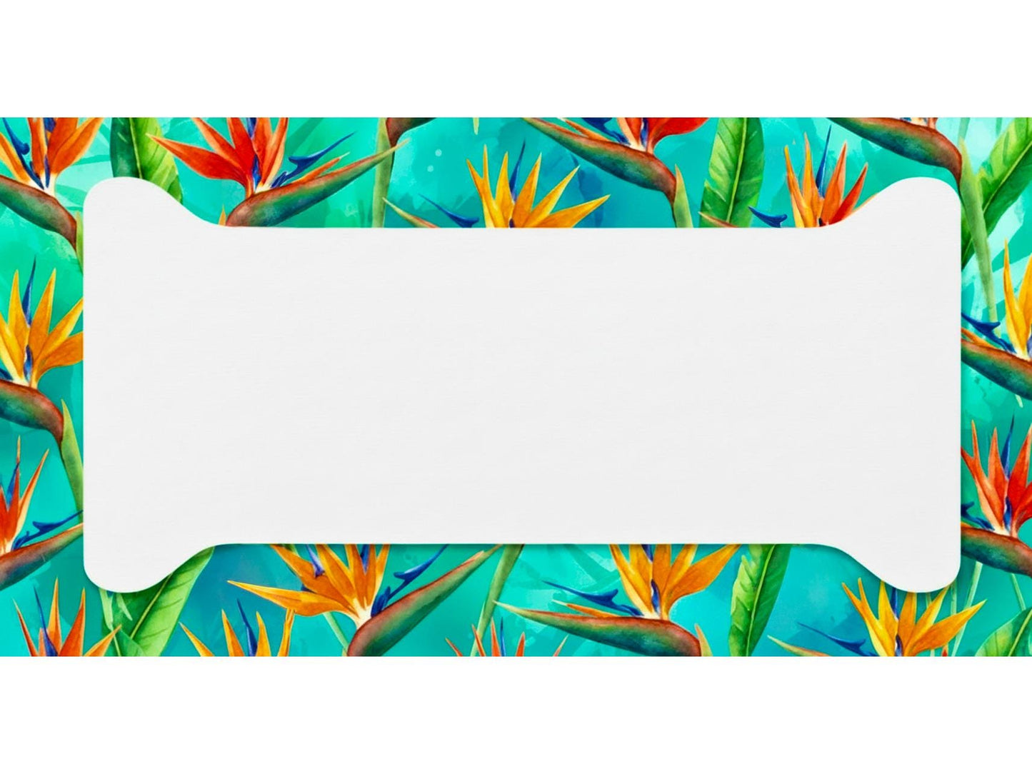 Bird of paradise license plate frame with blank white center showing the watercolor tropical floral border and four mounting slots