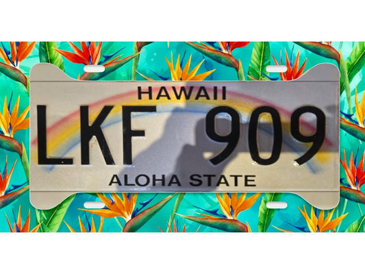 Bird of paradise license plate frame shown framing a Hawaii plate, orange and red tropical blooms on a turquoise background