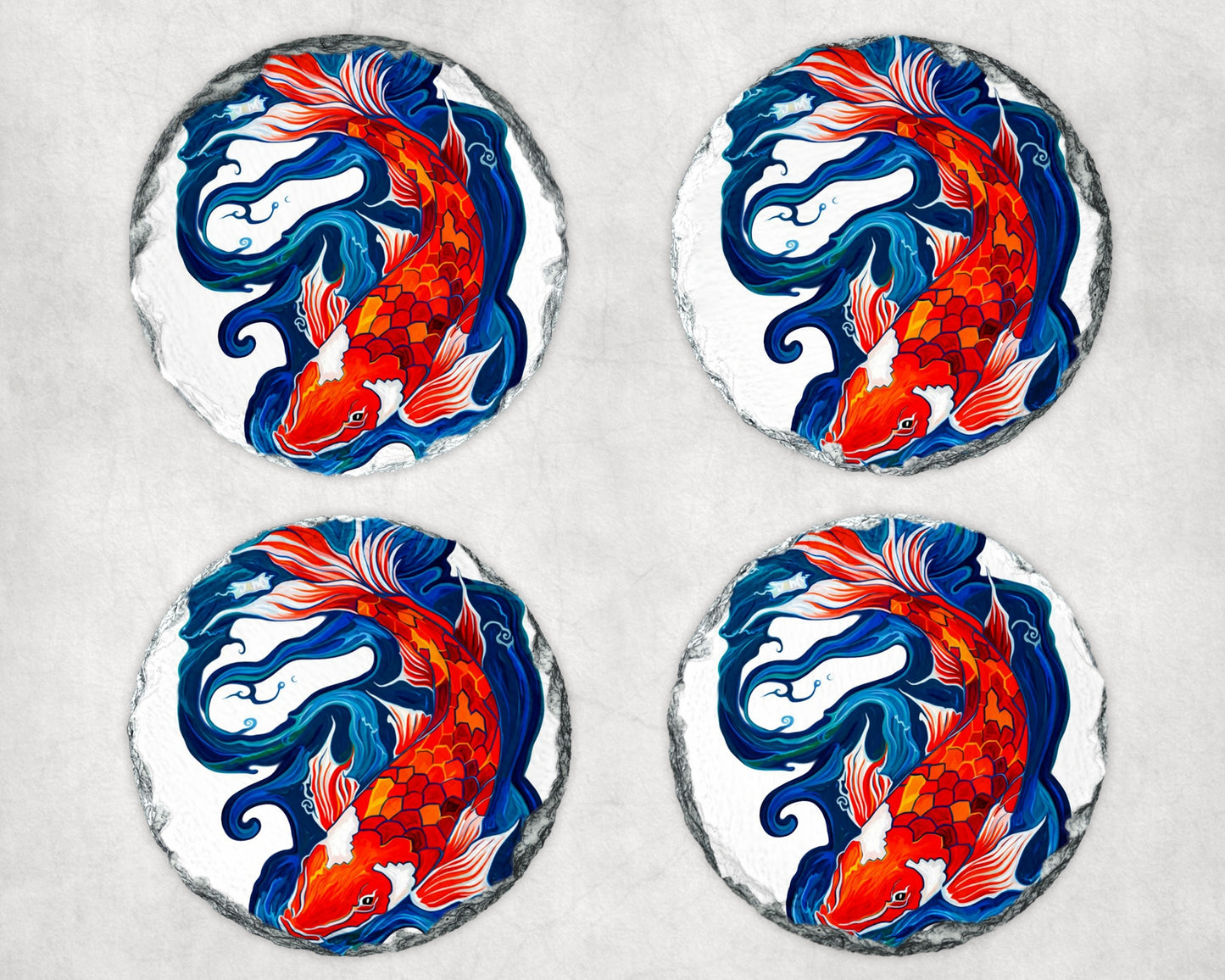 Japanese Koi Fish Slate Stone Coasters – 4” Natural Rock Coaster Set (Square or Round)