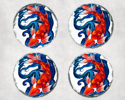 Japanese Koi Fish Slate Stone Coasters – 4” Natural Rock Coaster Set (Square or Round)