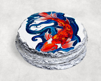 Japanese Koi Fish Slate Stone Coasters – 4” Natural Rock Coaster Set (Square or Round)