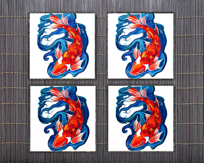 Japanese Koi Fish Slate Stone Coasters – 4” Natural Rock Coaster Set (Square or Round)