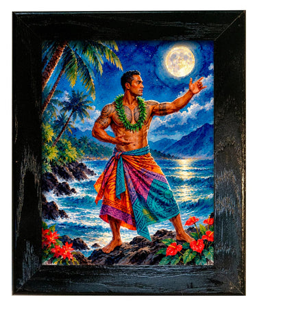 Framed male hula dancer under a full moon, tropical wall art detail view | Beach Hut Decor